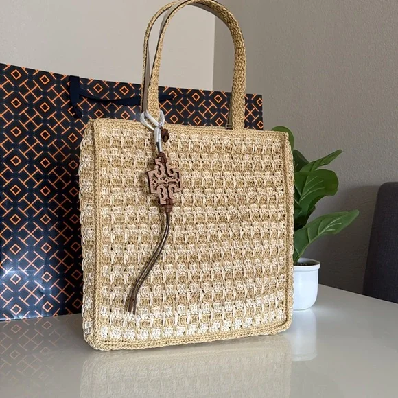 NWT , Tory Burch iced latte / pound cake straw Tote bag - Picture 2 of 12
